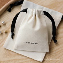 Personalized Black Canvas Cotton Drawstring Bag With Double Grosgrain Satin Ribbon Jewelry Pouch